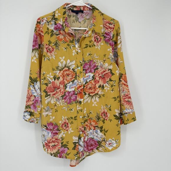 Rachel Rachel Roy Shirt Womens Small Linen Blend Button Up Floral Top Blouse - Picture 1 of 9